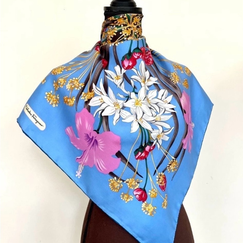 Salvatore Ferragamo Blue and Pink Floral Silk Scarf - Picture 3 of 15
